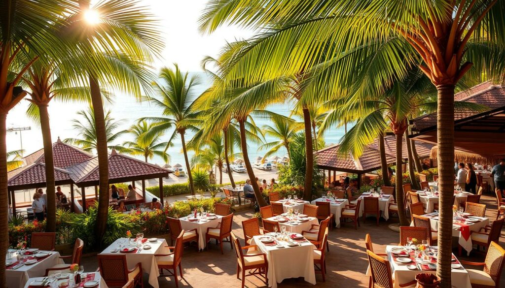 A vibrant tropical paradise, lush with palm trees and swaying fronds, sets the stage for an array of charming open-air restaurants. In the foreground, tables draped in crisp white linens and adorned with colorful Balinese-inspired decor beckon diners to savor the flavors of the island. The middle ground showcases bustling activity, with servers in traditional Batik uniforms weaving between tables, carrying trays laden with freshly prepared local cuisine. In the background, a view of the sparkling azure waters of the lagoon adds a serene and tranquil ambiance, complemented by the warm glow of the tropical sun filtering through the palms. The overall scene evokes a sense of casual elegance and the perfect blend of island life and culinary delights.