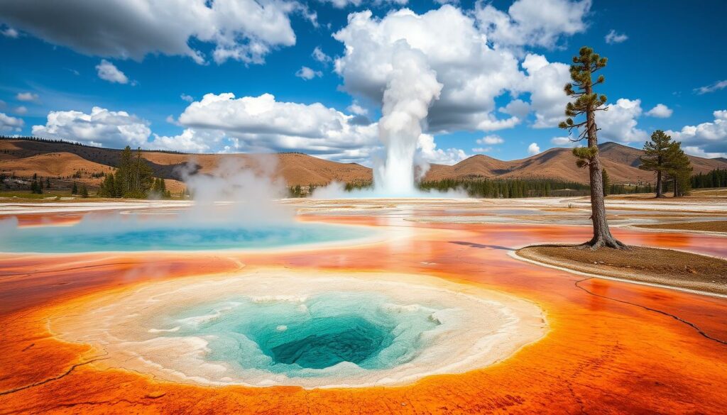 A vivid landscape of Yellowstone's geothermal activity, captured with a wide-angle lens. In the foreground, a vibrant hot spring bubbles and steams, its turquoise waters contrasted by the ochre-hued surrounding terrain. In the middle ground, a towering geyser erupts, its plume of water and vapor reaching high into a partly cloudy sky. In the background, rolling hills dotted with gnarled pine trees frame the scene, creating a sense of depth and scale. The overall atmosphere is one of natural wonder and geological dynamism, perfectly capturing the essence of Yellowstone's geothermal wonders.