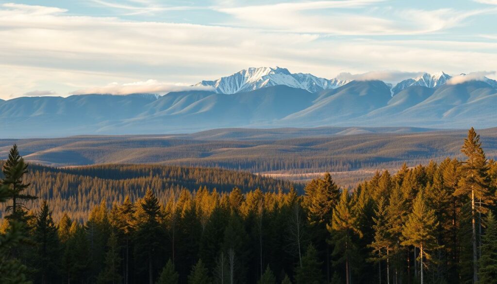A vivid panoramic landscape depicting the diverse climate zones of Russia. In the foreground, a lush temperate forest with towering pines and birch trees. Moving into the middle ground, rolling hills transition to a vast Siberian taiga, its dense evergreen canopy stretching to the horizon. In the distance, snow-capped mountains rise majestically, their peaks piercing through wispy clouds. The scene is bathed in warm, golden sunlight, creating a sense of tranquility and grandeur. Subtle hues of green, blue, and white harmonize to paint a comprehensive picture of Russia's varied climatic regions. Captured with a wide-angle lens to convey the breathtaking scale of this natural wonder.