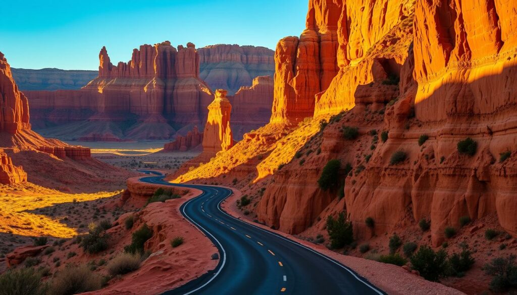 A winding desert road stretches through the southwestern landscape, surrounded by towering sandstone formations. The warm, golden light of the sun casts dramatic shadows across the rugged terrain, accentuating the intricate textures and sculpted shapes of the ancient rock. Sparse vegetation clings to the crevices, lending a touch of verdant contrast to the ochre hues. The image conveys a sense of solitude and vast, untamed beauty, inviting the viewer to explore the arid grandeur of this remote and captivating region.