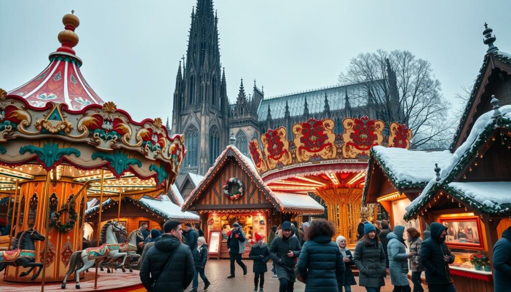 A winter wonderland unfolds at the Cologne Christmas Market, where children's laughter and delight fill the air. In the foreground, a bustling carousel spins with whimsical horses and twinkling lights, inviting little ones to embark on a magical journey. Surrounding it, rows of cozy wooden huts offer an array of handcrafted toys, gingerbread, and warm mulled wine, creating a festive atmosphere. In the middle ground, families stroll through the market, browsing the stalls and taking in the sights and sounds. The towering spires of the Cologne Cathedral loom in the background, casting a serene and majestic presence over the scene. Soft, warm lighting and a gentle dusting of snow add to the enchanting, winter-fairy-tale-like ambiance, making this the perfect destination for young and old alike to celebrate the joys of the holiday season.