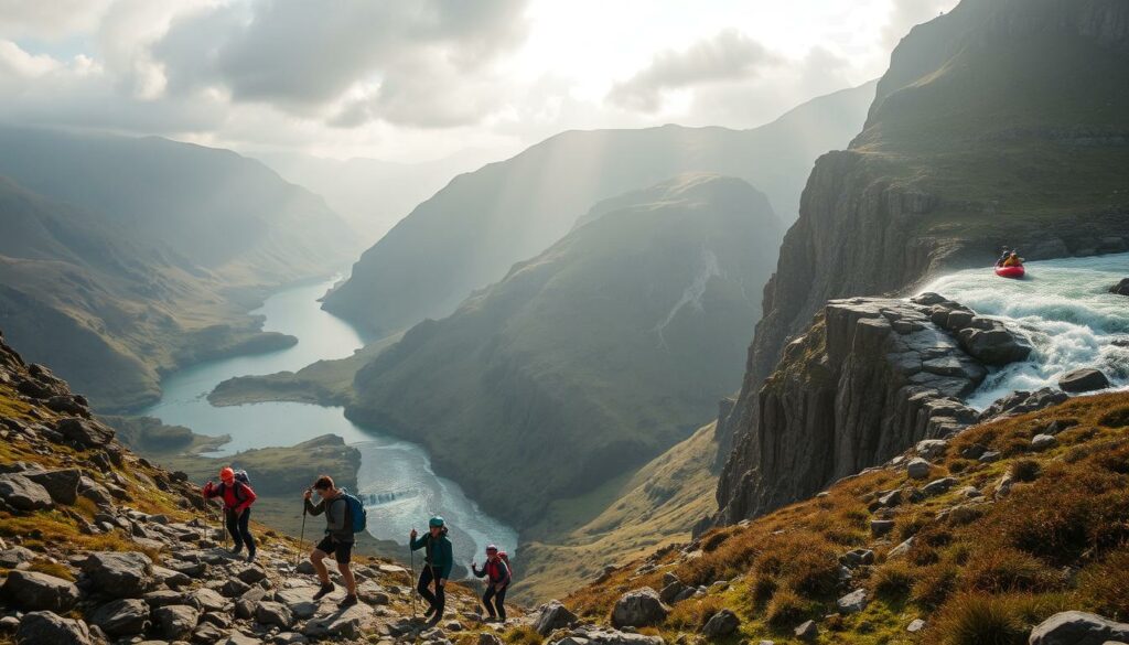 Abenteueraktivitäten in Snowdonia: a rugged landscape of majestic mountains, pristine lakes, and cascading waterfalls. In the foreground, hikers navigate a challenging trail, navigating rocky terrain and scaling steep inclines. The middle ground features climbers scaling the craggy cliffs, ropes and harnesses straining against the elements. In the background, whitewater rafters navigate the turbulent river, their vibrant kayaks cutting through the foaming waves. Soft, diffuse sunlight filters through the clouds, casting a warm, adventurous glow across the scene. The overall impression is one of raw, unbridled exploration, with nature's grandeur as the backdrop for thrilling outdoor pursuits.