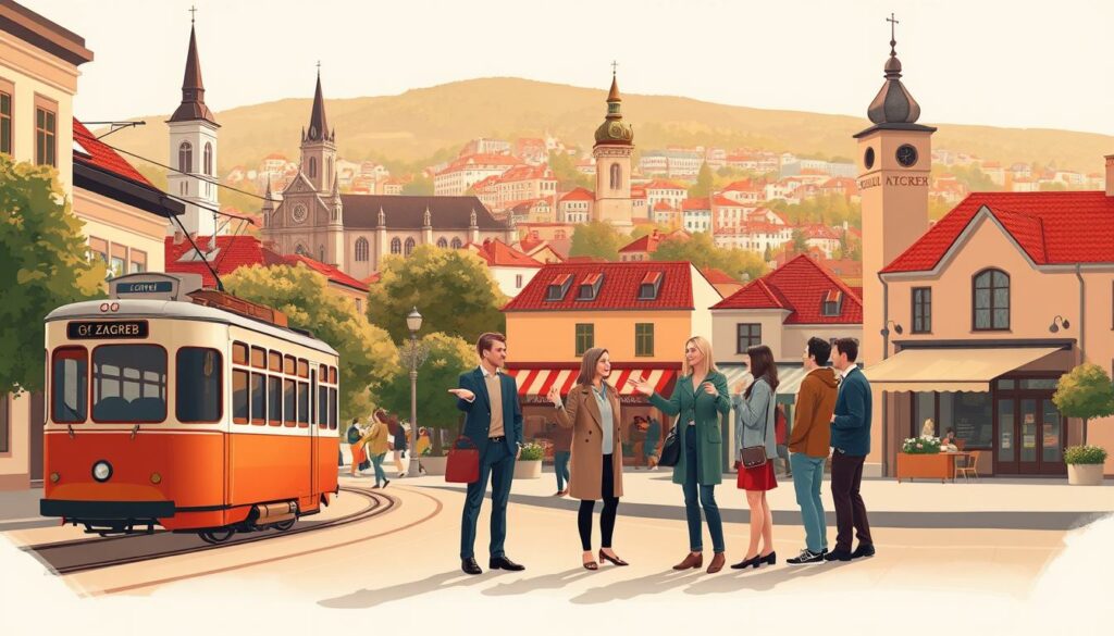 An elegant scene of practical Zagreb tips, captured in a refined, warm-toned illustration. In the foreground, a group of friendly locals gesturing towards landmarks - a classic tram, the iconic Cathedral of Zagreb, and the charming Lotrščak Tower. The middle ground features cozy cafes and shops, their facades adorned with lush greenery. In the background, the hilly cityscape rises, bathed in soft, golden light, conveying the city's inviting atmosphere. Rendered with a classic illustration style, this image evokes the cherished local experiences and insider knowledge awaiting visitors to Zagreb.