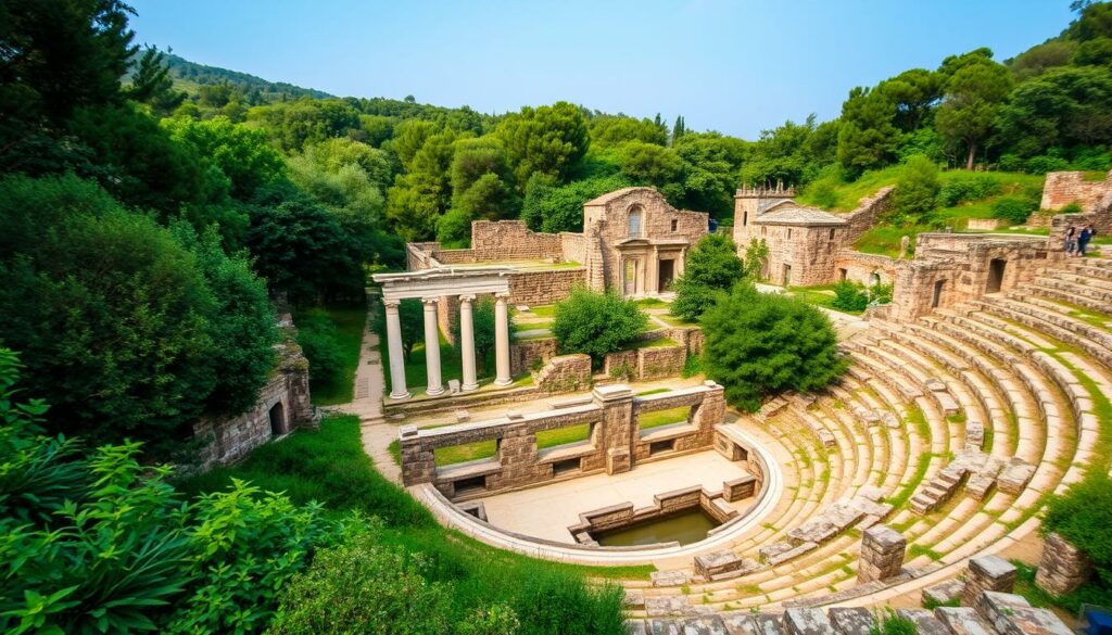 Antike Ruinen im Butrint-Nationalpark mit dem gut erhaltenen Theater - eines der historisch bedeutendsten schönsten Reiseziele Albanien Antike Ruinen im Butrint-Nationalpark mit dem gut erhaltenen Theater - eines der historisch bedeutendsten schönsten Reiseziele Albanien
