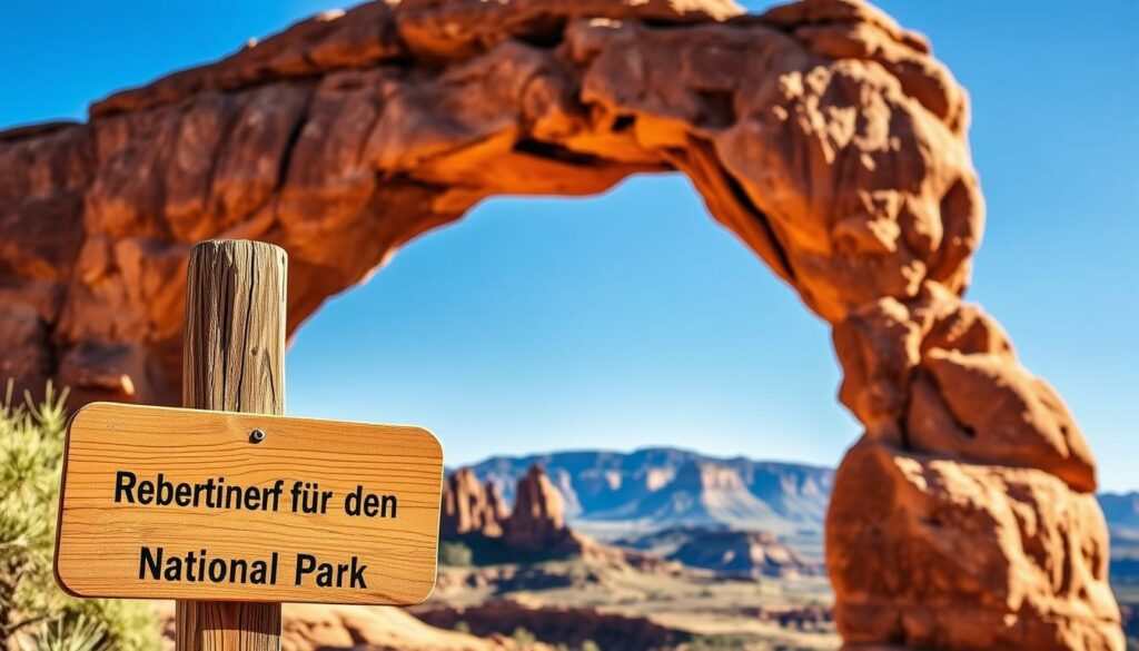 Arches National Park, Utah. A majestic natural wonder, its iconic sandstone arches stand tall against a clear blue sky. In the foreground, a wooden sign with the German text "Reservierung für den Arches National Park" invites visitors to plan their journey. The middle ground showcases the park's famous red rock formations, their intricate shapes and textures meticulously detailed. In the background, a hazy mountain range provides a picturesque backdrop, hinting at the park's vast and untamed wilderness. The scene is bathed in warm, golden light, creating a serene and inviting atmosphere, perfect for the "Planung deines Besuchs" section of the article.