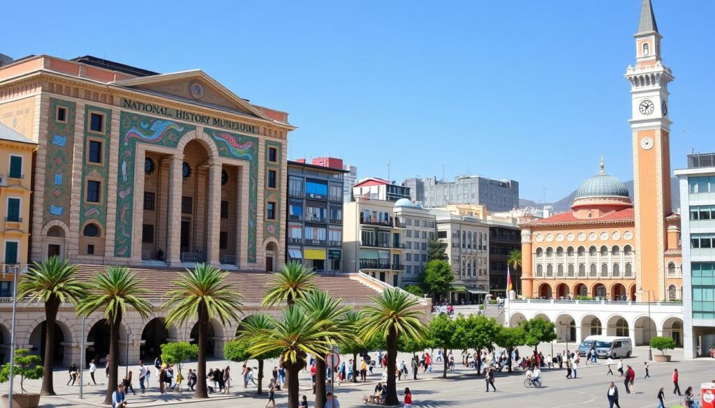 Blick auf den Skanderbeg-Platz in Tirana mit bunten Gebäuden und dem Nationalmuseum - ein Highlight unter den schönsten Reiseziele Albanien Blick auf den Skanderbeg-Platz in Tirana mit bunten Gebäuden und dem Nationalmuseum - ein Highlight unter den schönsten Reiseziele Albanien