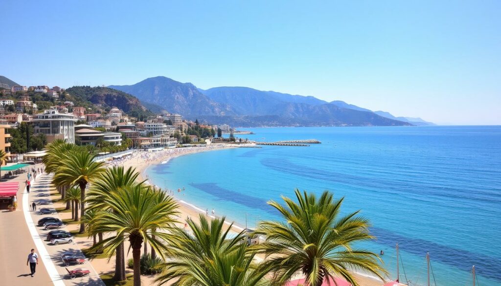 Blick auf den Strand von Himara mit türkisblauem Wasser und der Altstadt im Hintergrund - eines der entspanntesten schönsten Reiseziele Albanien Blick auf den Strand von Himara mit türkisblauem Wasser und der Altstadt im Hintergrund - eines der entspanntesten schönsten Reiseziele Albanien