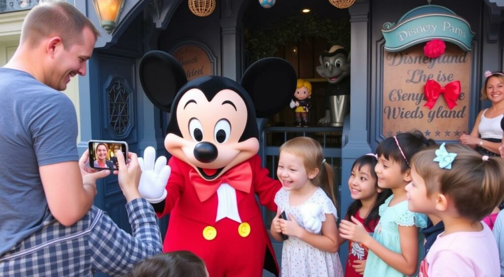 Charakterbegegnung mit Mickey Mouse und begeisterten Kindern Charakterbegegnung mit Mickey Mouse und begeisterten Kindern