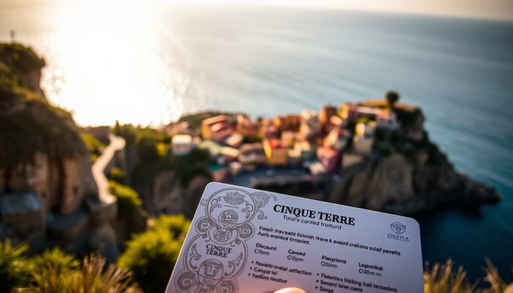 Cinque Terre card benefits: a stylized travel document against a picturesque coastal landscape. In the foreground, a closeup of the card with intricate designs, highlighting its features - free train travel, discounted attractions, and hiking trail access. In the middle ground, a panoramic view of the five colorful fishing villages nestled among rugged cliffs, with the iconic seaside paths winding through. The background bathes in warm Mediterranean light, creating a sense of tranquility and adventure. Lens flare gently accentuates the scene, conveying the allure of this UNESCO World Heritage site. The overall mood evokes the essence of the Cinque Terre experience - a harmonious blend of cultural heritage, natural beauty, and practical benefits for the discerning traveler.