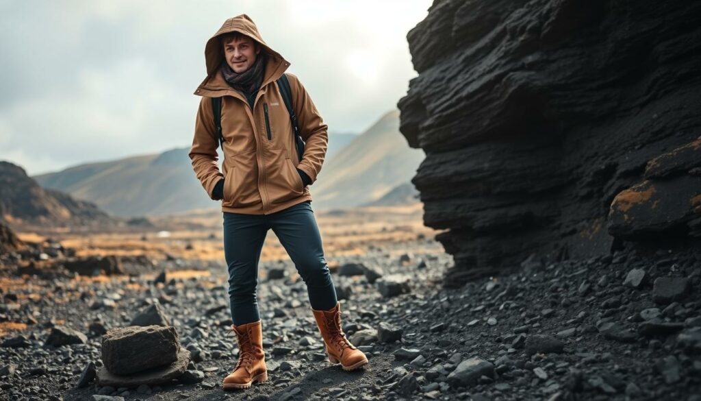 Clothing for a Windy Icelandic Adventure: A well-equipped traveler stands amid rugged, windswept landscapes, donning practical yet stylish attire. A warm, weatherproof jacket with a peaked hood shields against the elements, while insulated, breathable layers beneath provide core warmth. Sturdy, grippy boots with good traction navigate the uneven, rocky terrain. Woolen accessories like a scarf and gloves complete the ensemble, blending function and Scandinavian flair. The scene is bathed in soft, natural light, capturing the moody, awe-inspiring ambiance of Iceland's captivating wilderness.