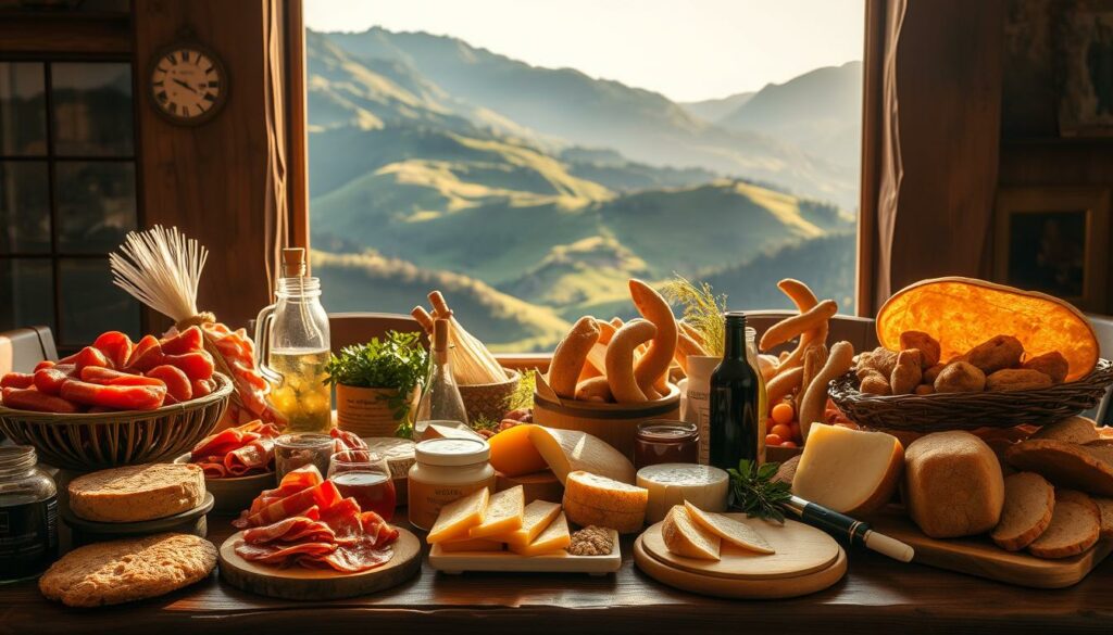 Culinary specialties of the Picos de Europa: A rustic table adorned with a bountiful display of traditional regional delicacies. In the foreground, a vibrant array of cured meats, aged cheeses, and artisanal breads from local producers, bathed in warm, golden lighting. Lush, rolling hills and rugged mountain peaks peek through the large window in the middle ground, hinting at the picturesque landscapes beyond. The atmosphere is cozy yet sophisticated, inviting the viewer to savor the flavors and aromas of this gastronomic haven nestled within the heart of the Picos de Europa National Park.