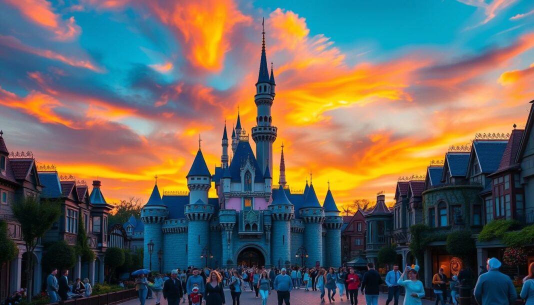 Das märchenhafte Schloss in Disneyland Paris bei Sonnenuntergang