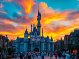 Das märchenhafte Schloss in Disneyland Paris bei Sonnenuntergang