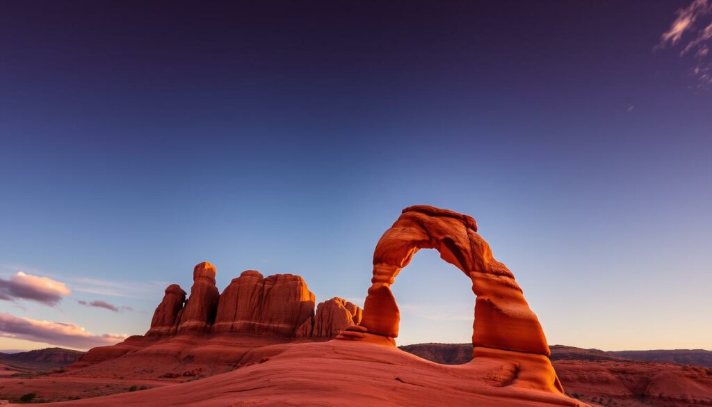 Delicate Arch bei Sonnenuntergang im Arches National Park, einer der 10 most beautiful national parks in America Delicate Arch bei Sonnenuntergang im Arches National Park, einer der 10 most beautiful national parks in America