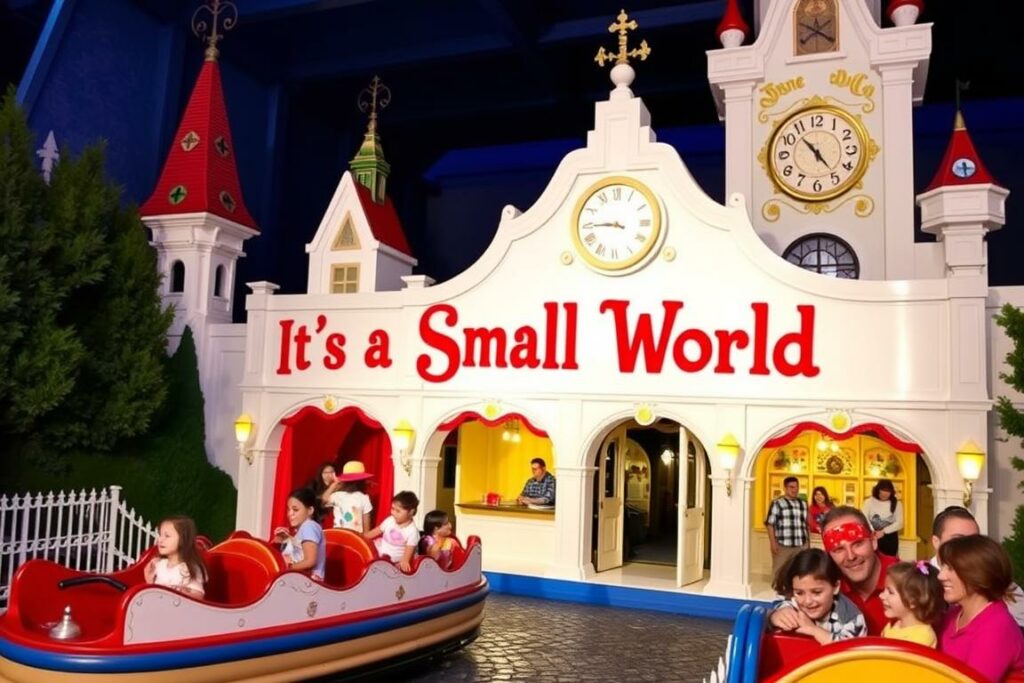 Die zauberhafte It's a Small World Attraktion mit bunten Figuren Die zauberhafte It's a Small World Attraktion mit bunten Figuren