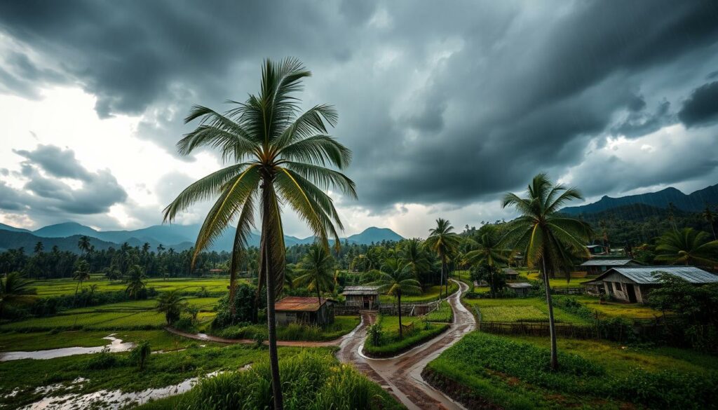 Dramatic storm clouds loom over a lush, verdant Vietnamese landscape. Rain pours down in sheets, casting a moody atmosphere. In the foreground, palm trees sway in the strong, gusting winds of an approaching typhoon. Puddles reflect the ominous sky above, and a sense of foreboding permeates the scene. The middle ground features a rural village, its simple structures weathering the fierce elements. Muddy paths wind through the countryside, hinting at the challenges of travel during this tumultuous season. In the distance, mountains rise up, their peaks shrouded in mist. Vivid color and deep shadows create a striking, cinematic effect, evoking the power and unpredictability of nature in Vietnam during the rainy season.