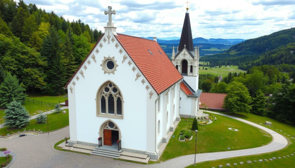 Ein Bild der Bergkirche St. Marien in Schleiz, Thüringen, mit ihrer beeindruckenden Architektur und der umgebenden Landschaft.