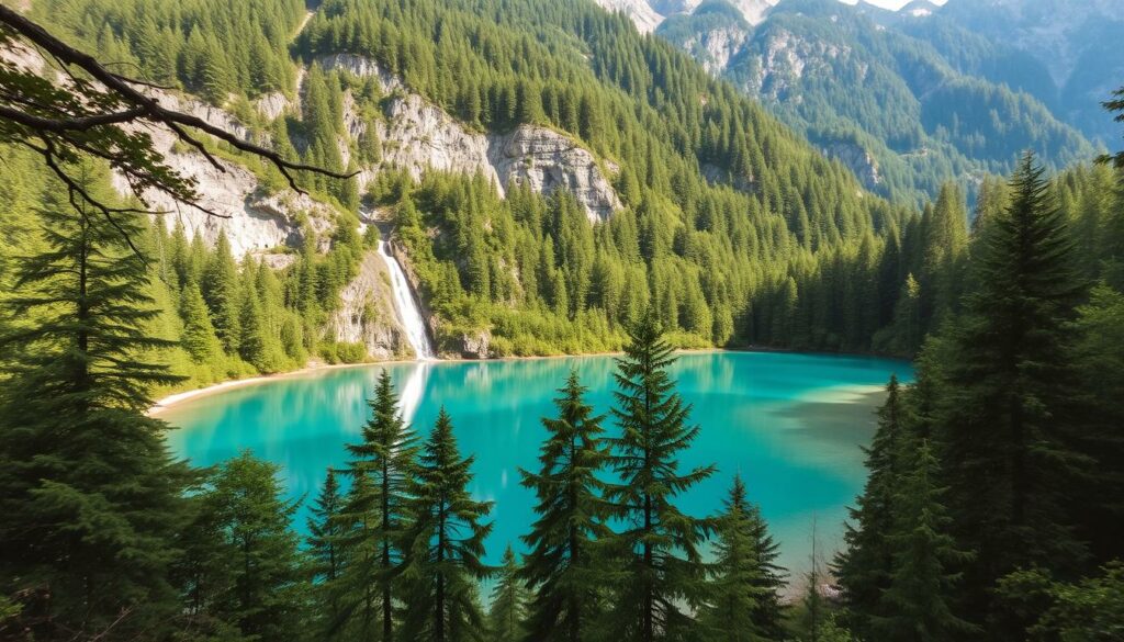 Ein Bild vom Blausee mit seiner charakteristischen türkisen Farbe und der umgebenden Landschaft.