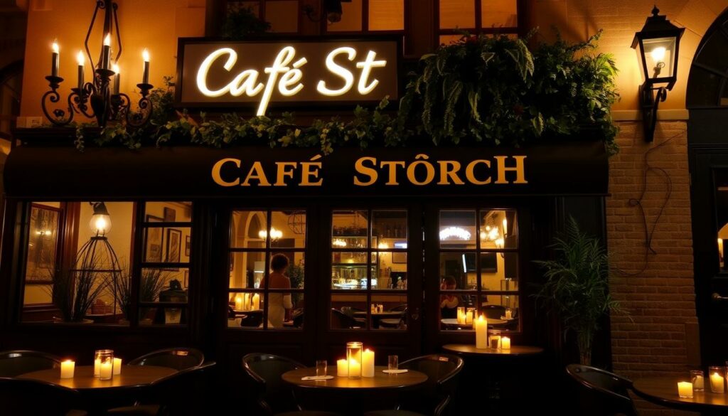 Ein Bild vom Café Storch mit Kerzenschein und Kunst