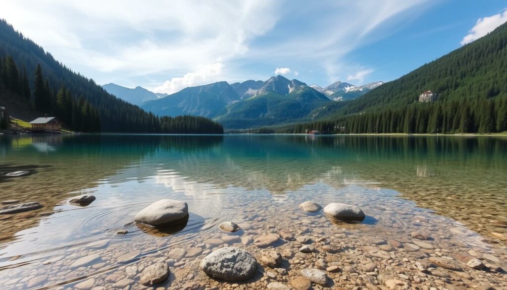Ein Bild vom Caumasee mit kristallklarem Wasser und umliegender Berglandschaft