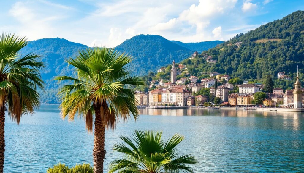 Ein Bild vom Luganersee mit Palmen und einer malerischen Stadtansicht
