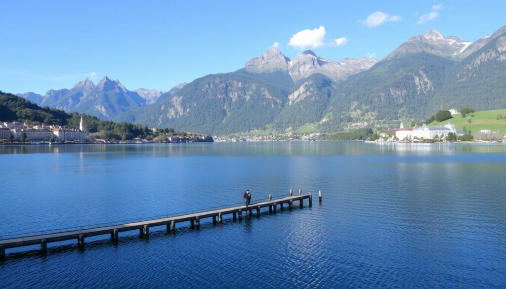 Ein Bild vom Vierwaldstättersee mit seinen umliegenden Bergen