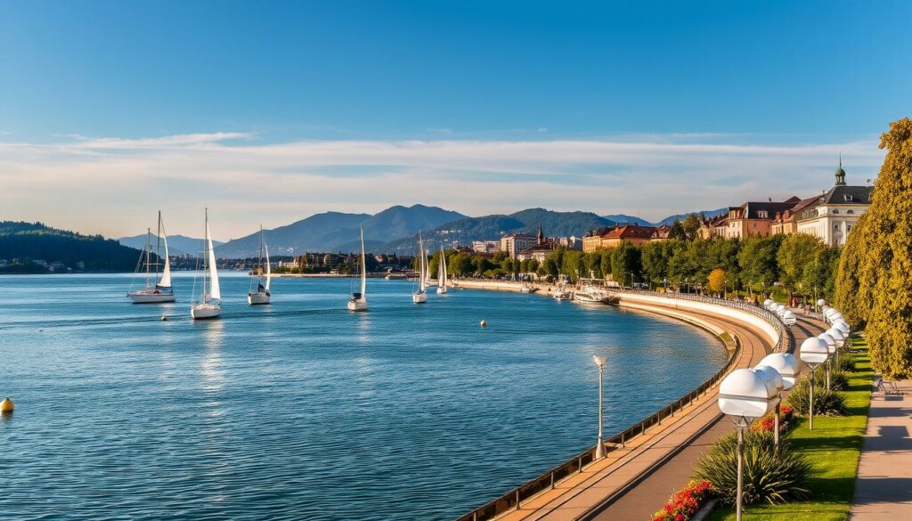 Ein Bild vom Zürichsee mit Segelbooten und einer malerischen Uferpromenade