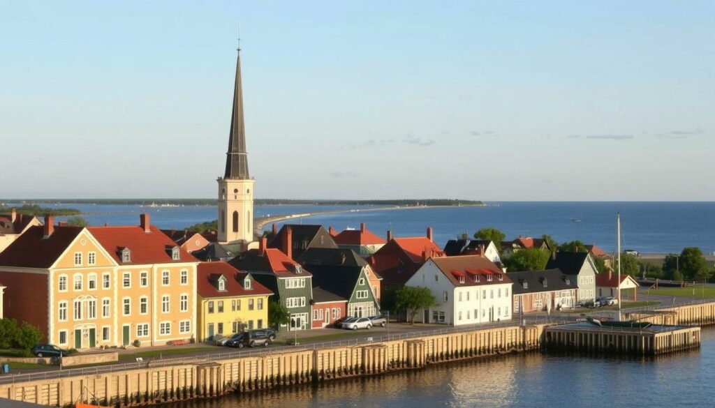 Ein Bild von Ustka mit seinen historischen Gebäuden und der malerischen Küste