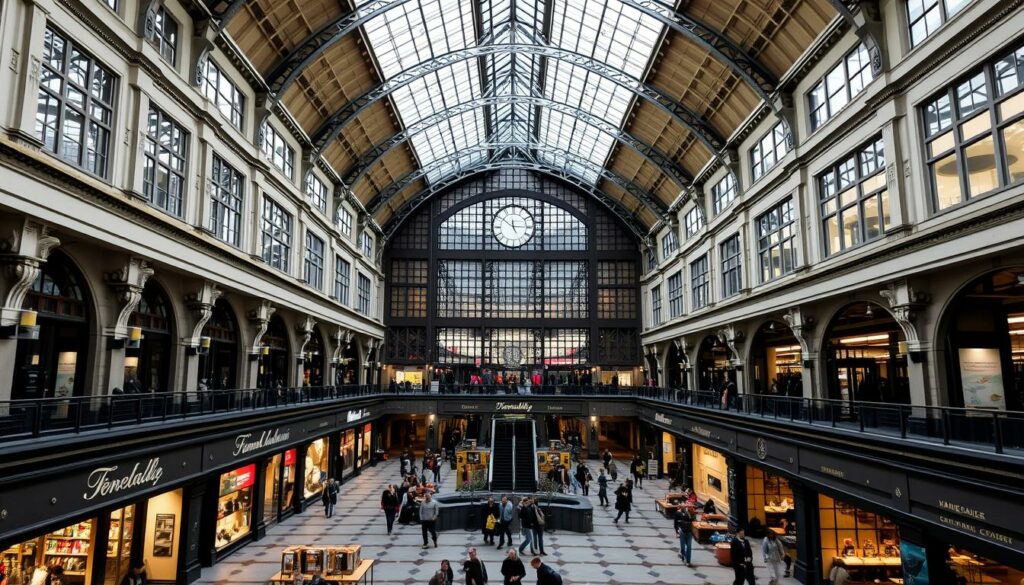 Ein Bild von der Wandelhalle im Hamburger Hauptbahnhof mit verschiedenen Geschäften und Restaurants