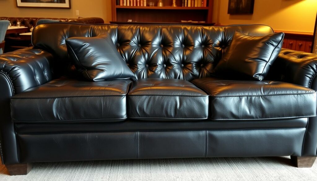 Ein Bild von der dunklen Ledercouch im Samuel's Shep
