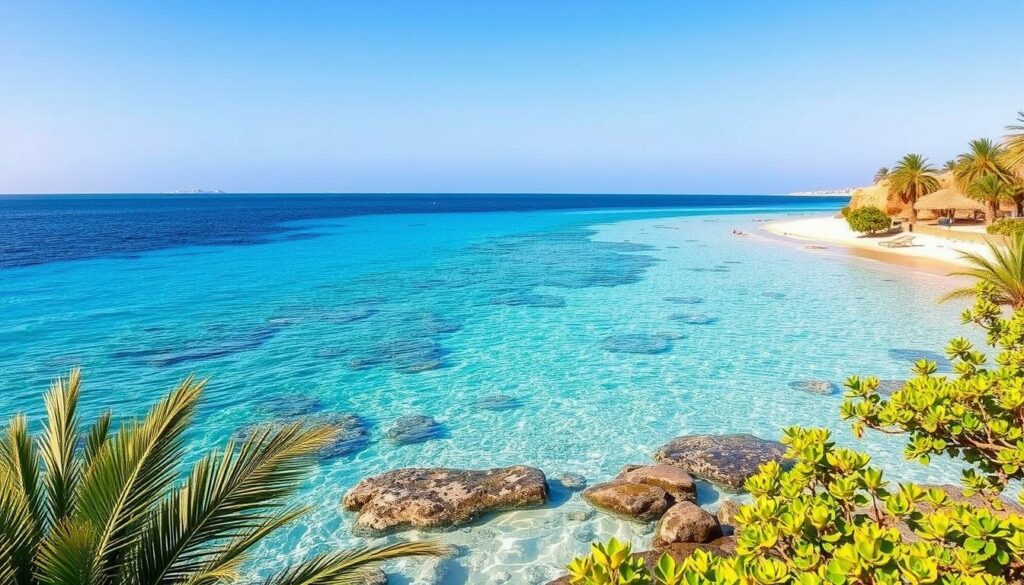Ein Bild von einem Strand in Sharm El Sheikh mit kristallklarem Wasser