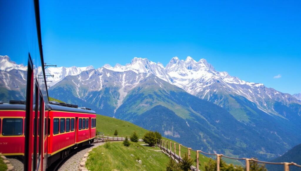 Ein Bild von einem Zug auf der Fahrt durch die Alpen