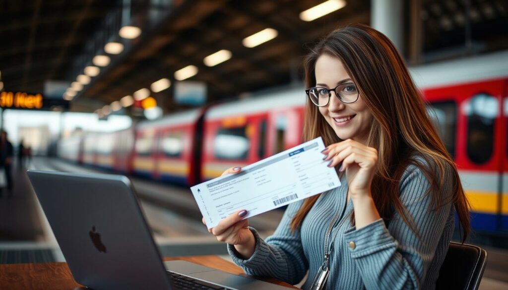 Eine Frau sitzt vor einem Laptop und hält ein Zugticket in der Hand, im Hintergrund ist ein Bahnhof zu sehen.