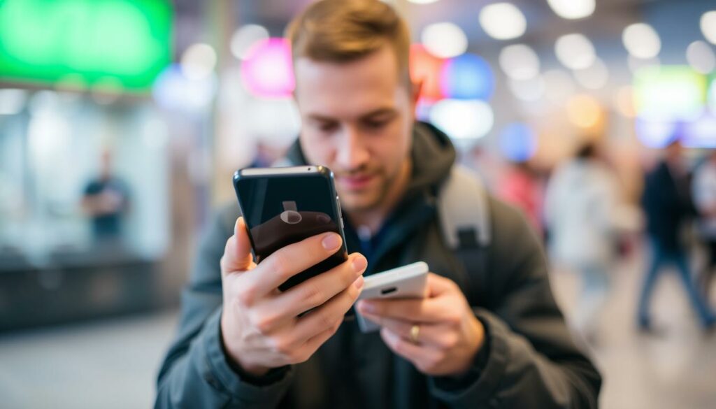 Eine Person, die mit einem Smartphone Tickets kauft