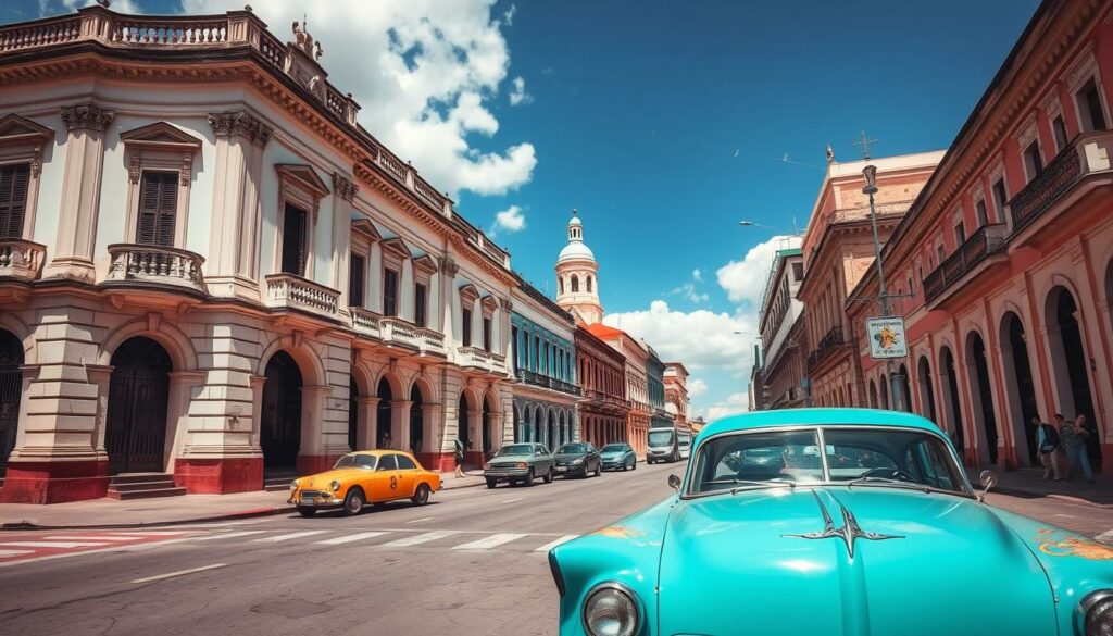 Erstelle ein Bild von Santiago de Cuba mit seinen historischen Gebäuden und lebendigen Straßen.