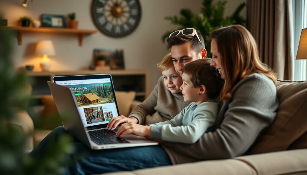 Familie plant Center Parcs Urlaub am Laptop Familie plant Center Parcs Urlaub am Laptop