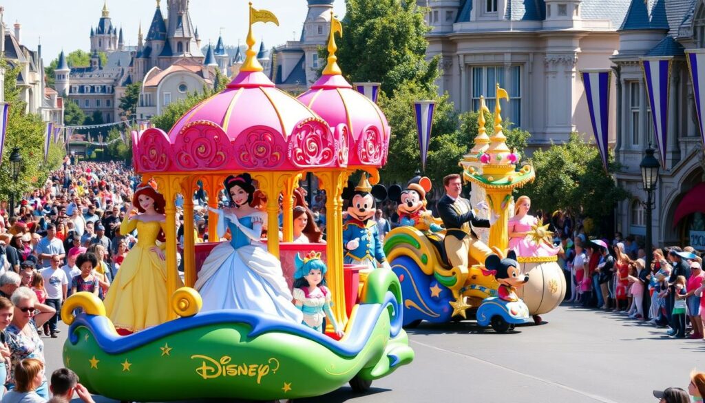 Farbenfrohe Disney-Parade mit beliebten Charakteren auf der Hauptstraße Farbenfrohe Disney-Parade mit beliebten Charakteren auf der Hauptstraße
