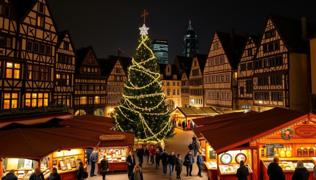 Frankfurter Weihnachtsmarkt 2025 auf dem Römerberg mit historischen Fachwerkhäusern Frankfurter Weihnachtsmarkt 2025 auf dem Römerberg mit historischen Fachwerkhäusern