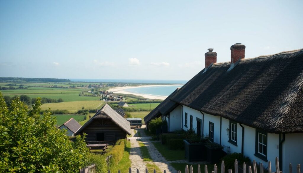 Friesenhäuser und Strand auf Föhr an der Nordsee Friesenhäuser und Strand auf Föhr an der Nordsee