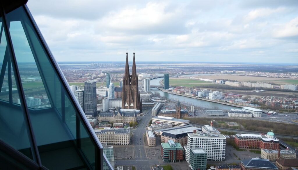 Generiere ein Bild der Aussichtsplattform im KölnTriangle mit Blick auf Köln.