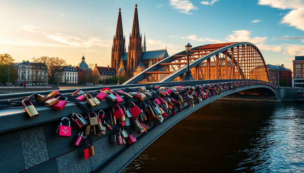 Generiere ein Bild der Hohenzollernbrücke mit Liebesschlössern und dem Kölner Dom im Hintergrund.