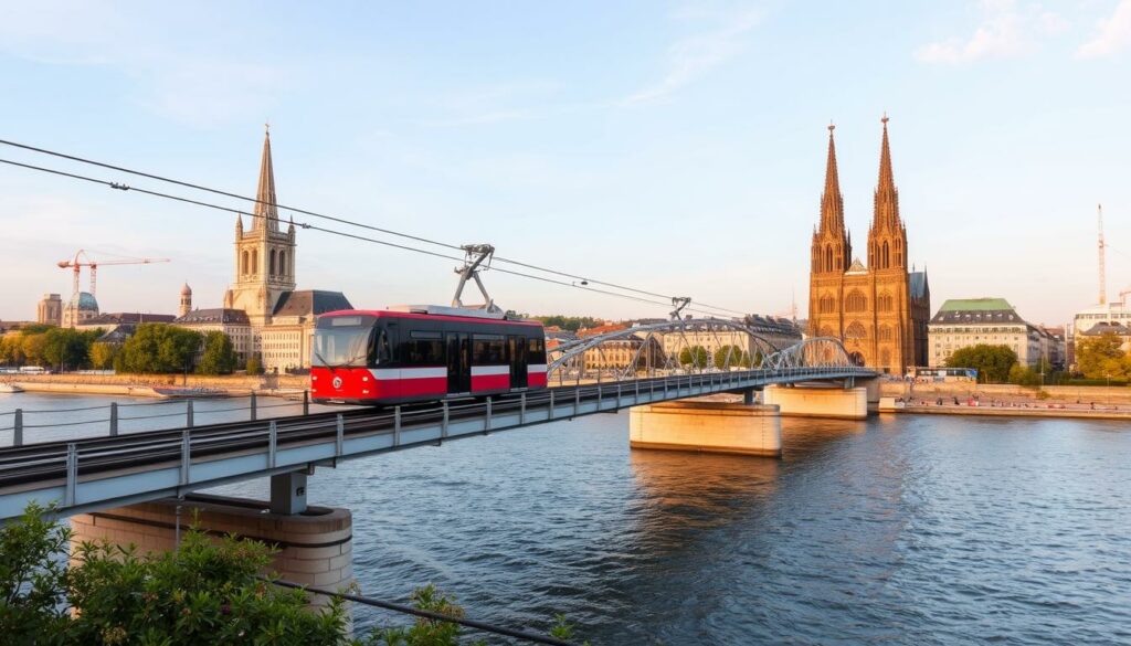 Generiere ein Bild der Kölner Seilbahn über den Rhein.