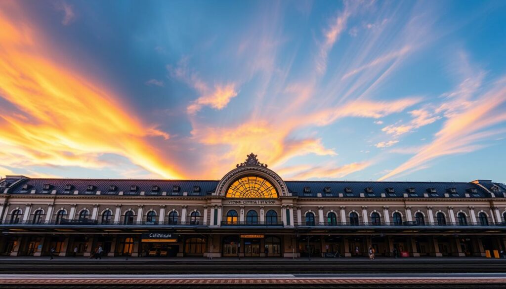 Generiere ein Bild von Wien Hauptbahnhof bei Sonnenaufgang