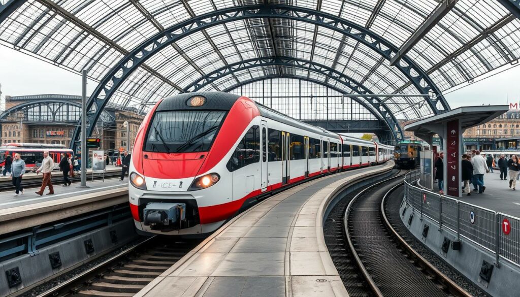 Generiere ein Bild von einem ICE-Zug, der am Hamburger Hauptbahnhof ankommt.