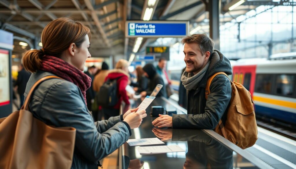 Generiere ein Bild von einem Reisenden, der ein Ticket an einem Bahnhofsschalter in Basel kauft