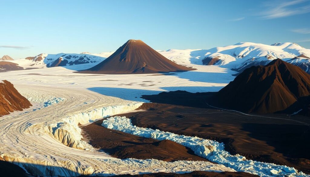 Gletscher und Vulkane im Vatnajökull: A dramatic landscape of snow-capped peaks, cascading glaciers, and smoldering volcanoes. In the foreground, an imposing glacier carves through the rugged terrain, its icy blue hues contrasting with the deep black lava fields. In the middle ground, a towering volcanic cone stands sentry, its jagged edges silhouetted against the sky. The background is dominated by a sprawling ice cap, its surface textured with crevasses and seracs, hinting at the immense power of the glacial forces at work. The scene is bathed in warm, golden light, casting long shadows and imbuing the landscape with a sense of grandeur and awe. Capture the majestic and dynamic geology of the Vatnajökull National Park.