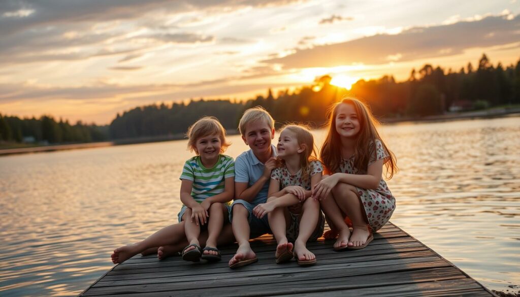 Glückliche Familie genießt Sonnenuntergang am See im Center Parcs Glückliche Familie genießt Sonnenuntergang am See im Center Parcs