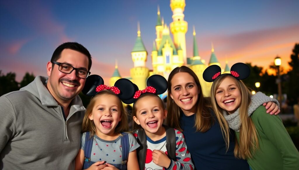 Glückliche Familie vor dem Disneyland Paris Schloss bei Sonnenuntergang Glückliche Familie vor dem Disneyland Paris Schloss bei Sonnenuntergang