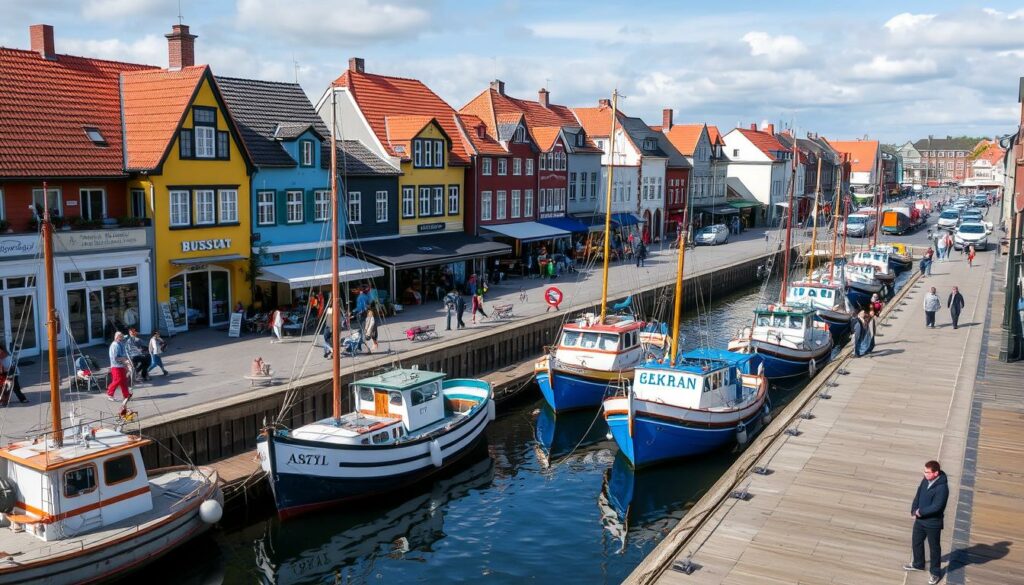 Hafen von Büsum mit Fischerbooten und Promenade an der Nordsee Hafen von Büsum mit Fischerbooten und Promenade an der Nordsee