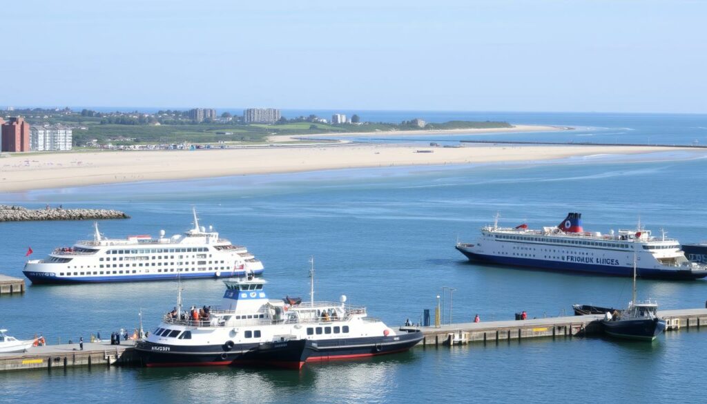 Hafen von Norddeich mit Fähren zu den ostfriesischen Inseln an der Nordsee Hafen von Norddeich mit Fähren zu den ostfriesischen Inseln an der Nordsee